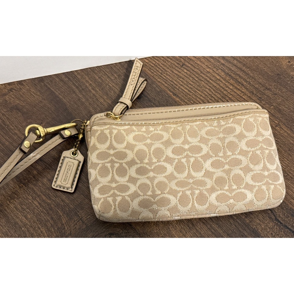 Retro Coach Beige and Gold Signature C Double Zipper Canvas Wristlet